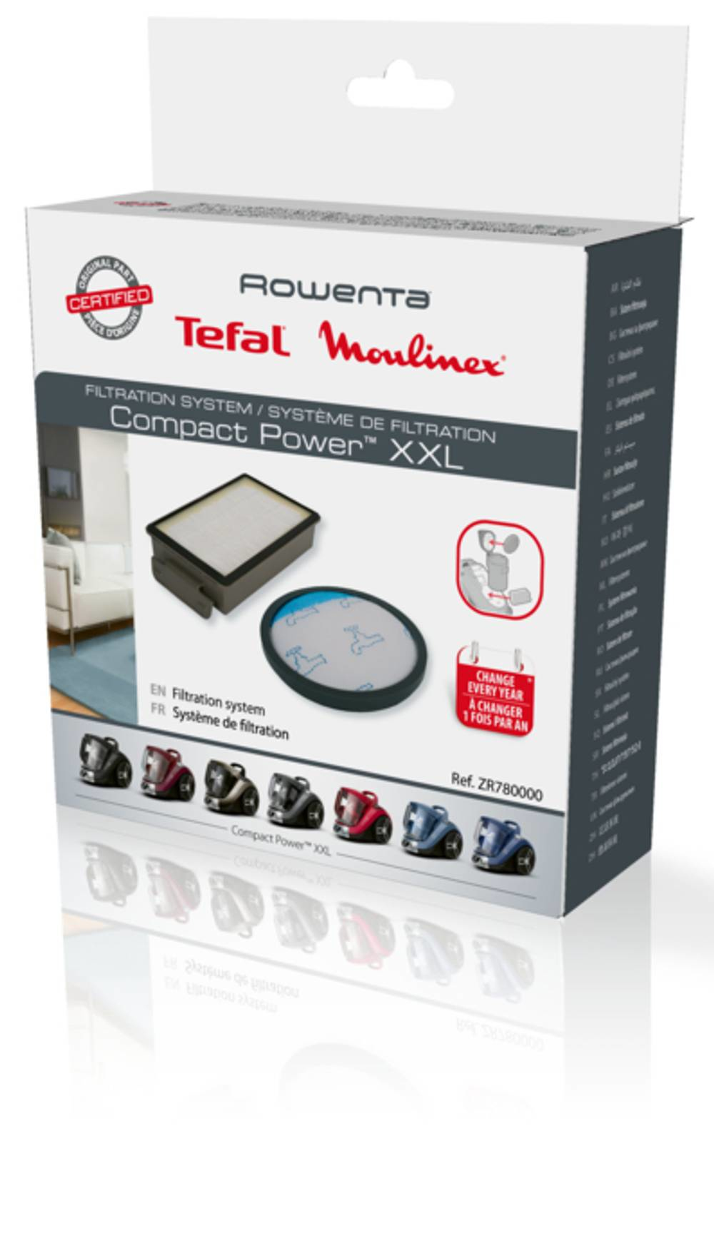 Scatola Rowenta Tefal Moulinex Compact Power XXL con filtri e aspirapolvere.