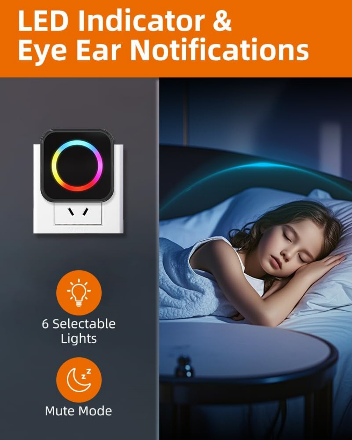 Ein LED-Indikator leuchtet neben einem schlafenden Mädchen im Bett.