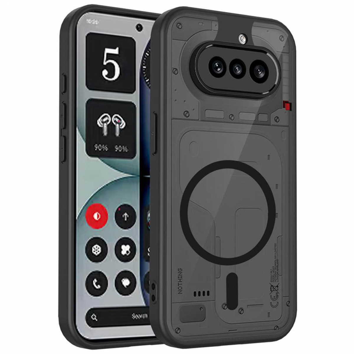 Ein Smartphone mit einer transparenten Hülle, die die Rückseite zeigt.