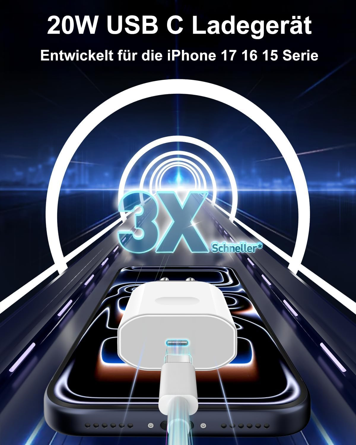 Ein weißes 20W USB-C-Ladegerät wird an ein iPhone angeschlossen.