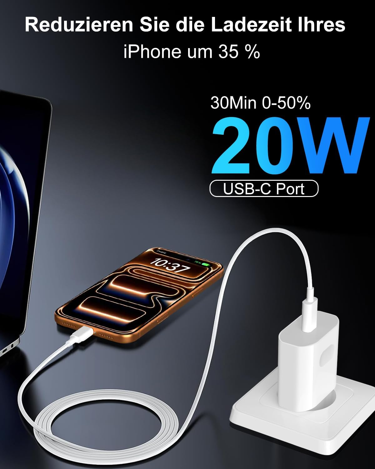 Ein iPhone wird mit einem 20W USB-C-Ladegerät schnell geladen.