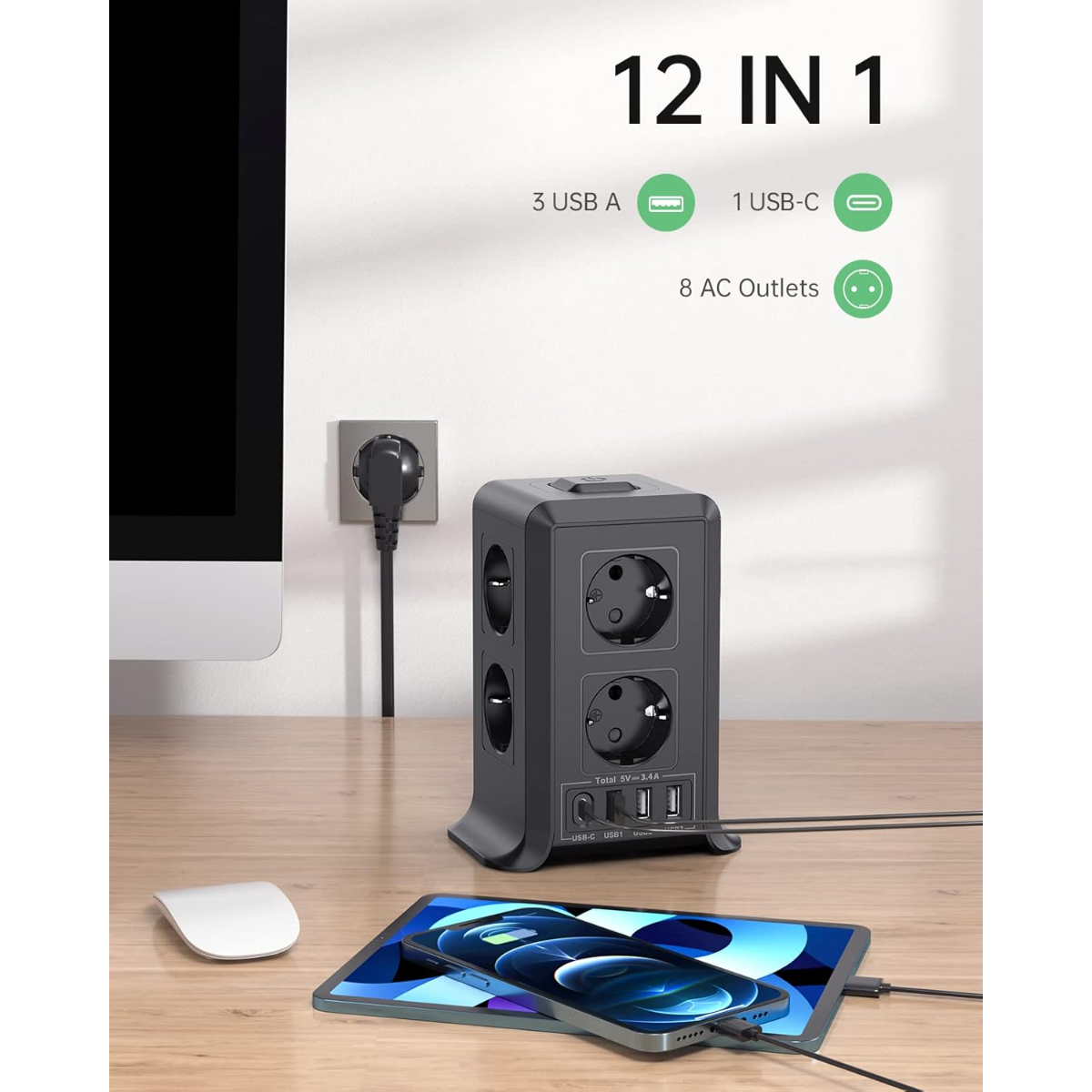 Una regleta negra 12 en 1 con 8 enchufes, 3 puertos USB-A, 1 USB-C.