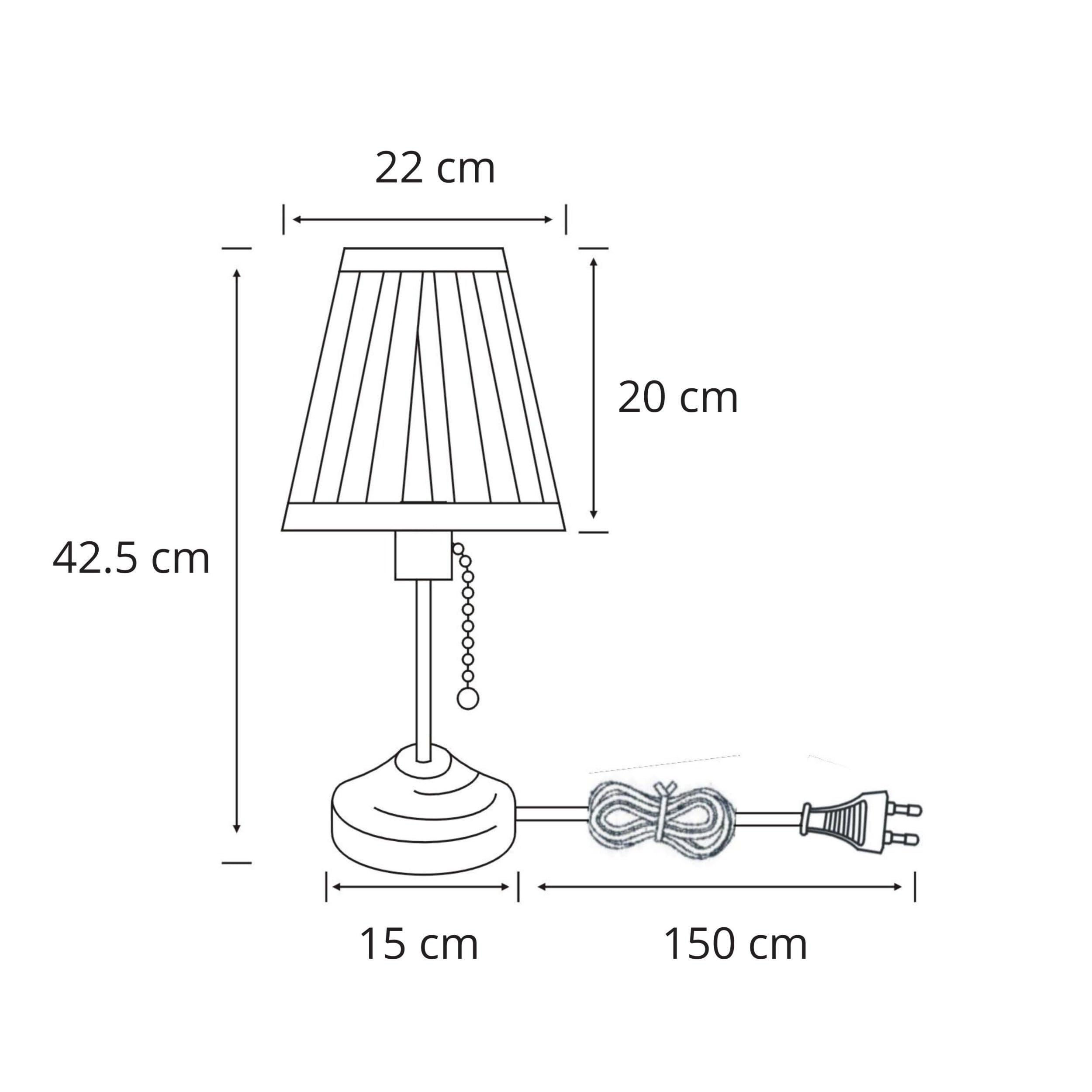 Technische Zeichnung einer Lampe mit Maßen: Höhe 42,5 cm, Schirm 22x20 cm, Sockel 15 cm, Kabel 150 cm.