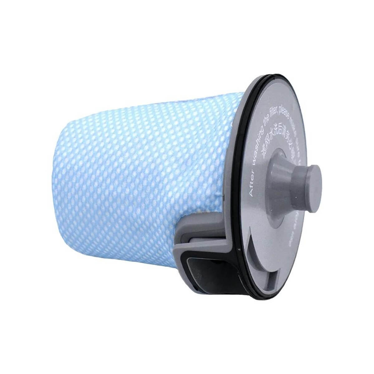 Ein hellblauer Netz-Staubsaugerfilter mit grauem Plastiksockel und schwarzer Dichtung.