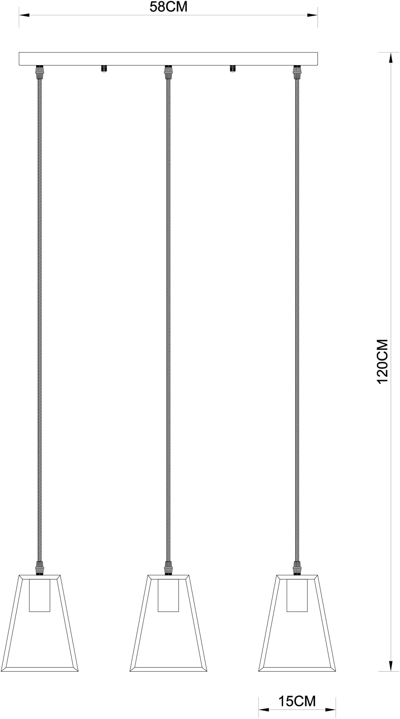 Dreifach-Pendelleuchte, 58cm breit, 120cm hoch, 15cm Lampenschirmbreite.
