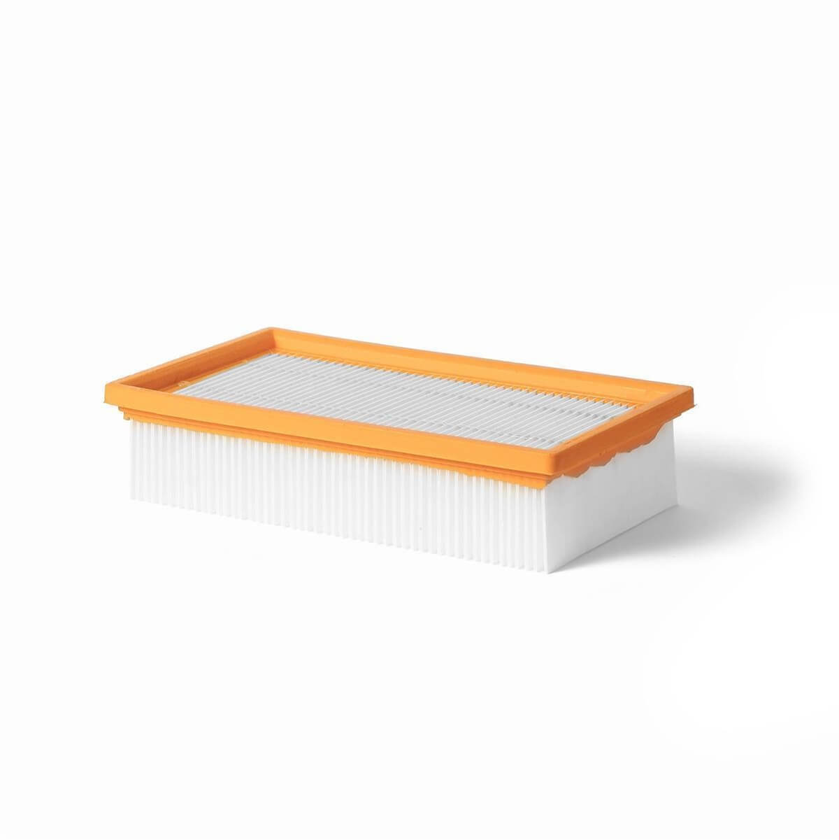 Ein rechteckiger Luftfilter mit orangefarbener Umrandung und weißen Falten.