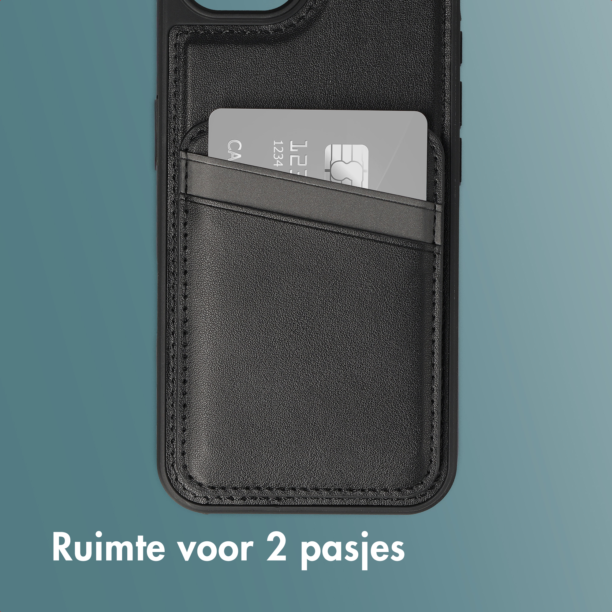 Zwarte lederen hoes met een kaart, ruimte voor twee kaarten.