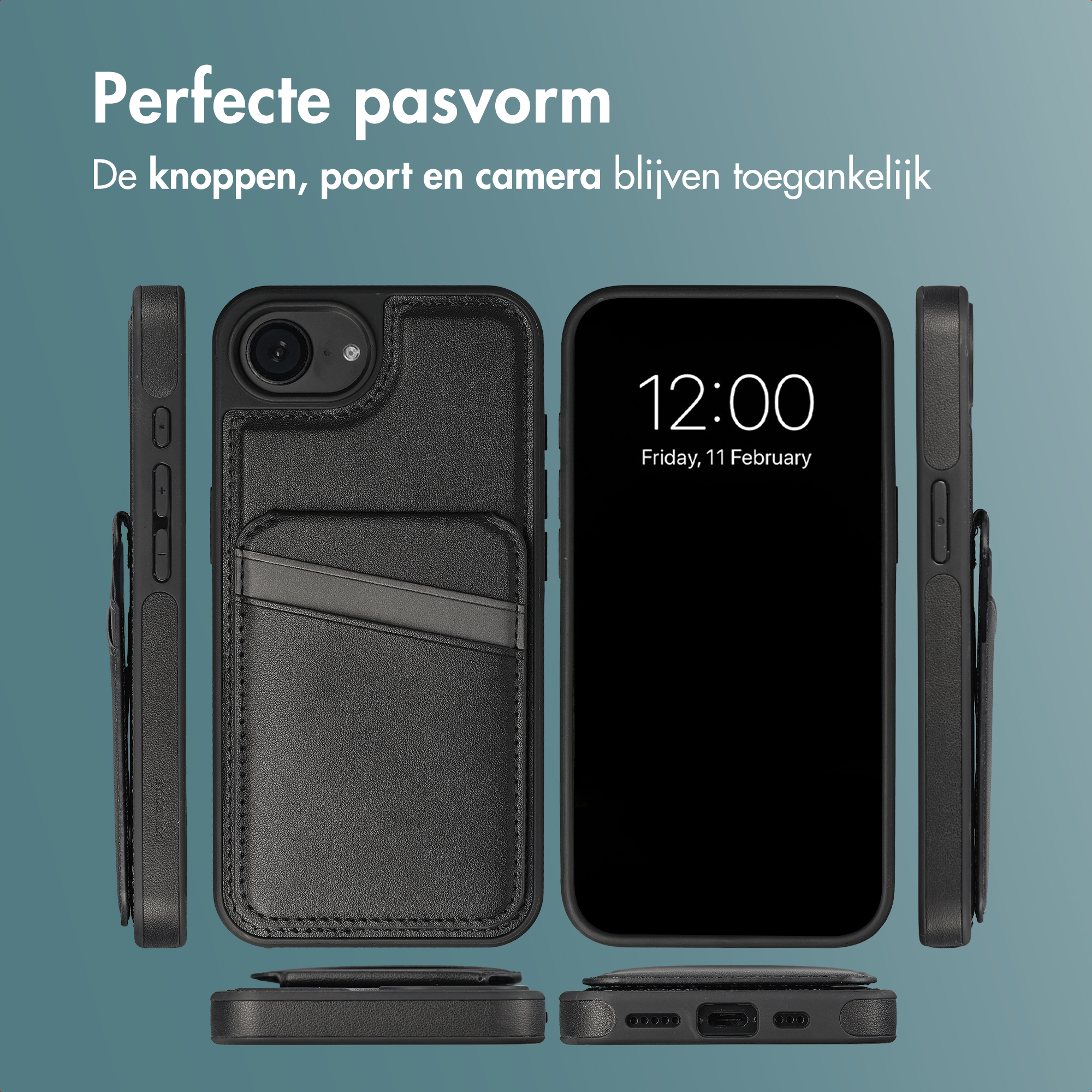 Een zwarte leren telefoonhoes met kaartsleuven wordt vanuit meerdere hoeken getoond.