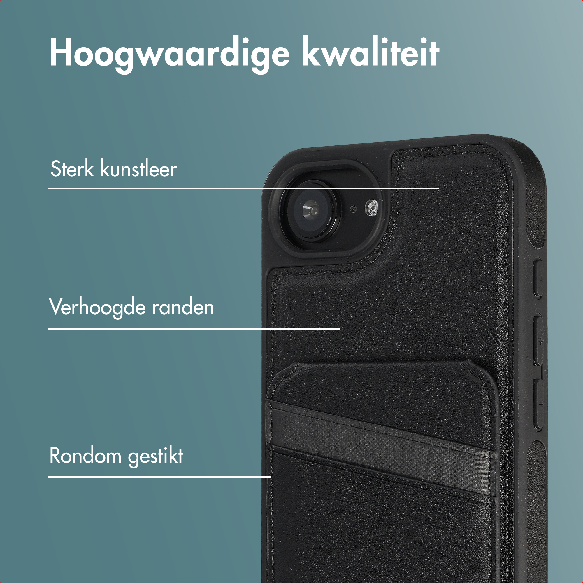 Zwarte telefoonhoes van kunstleer met kaarthouders en verhoogde randen.