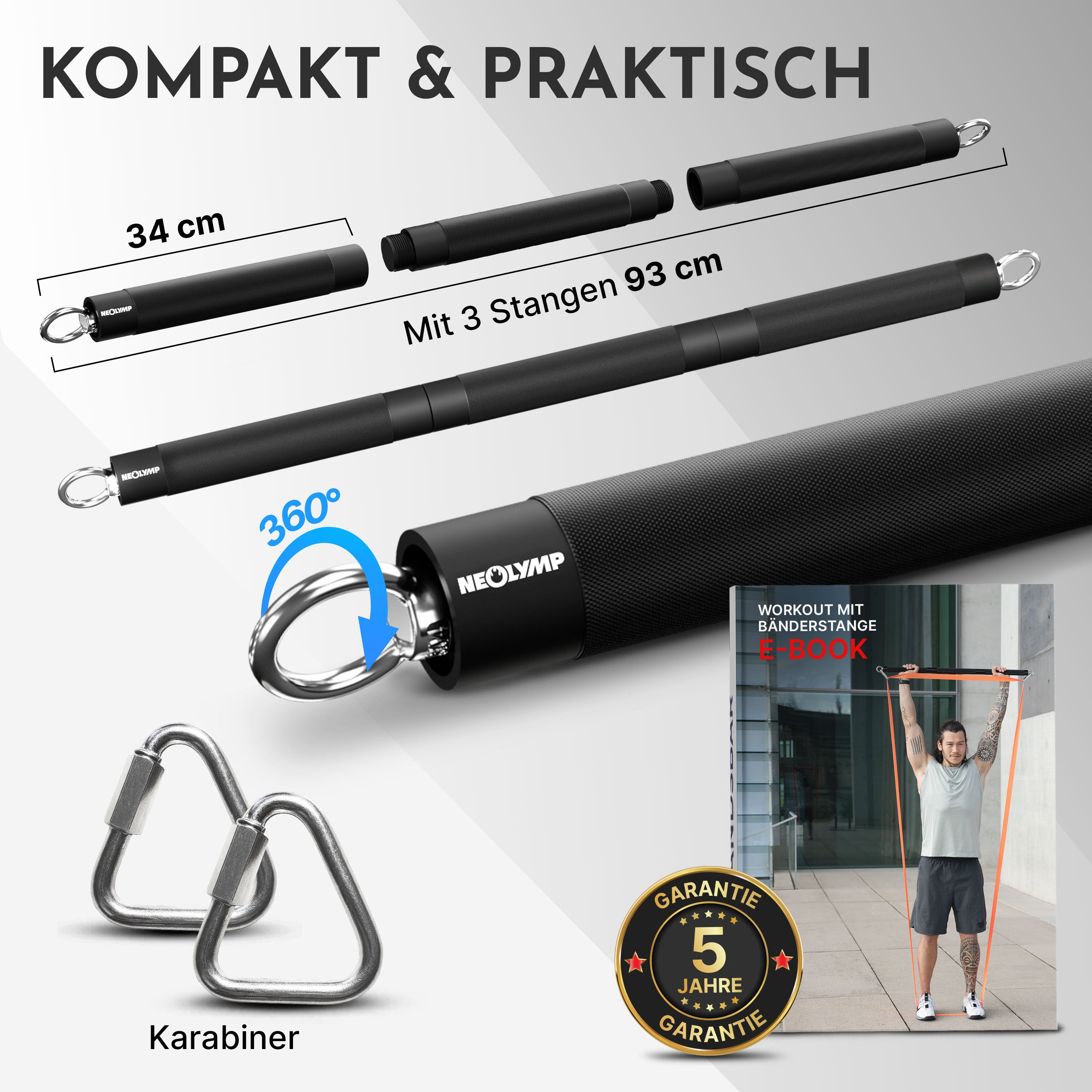 Schwarzer Fitnessstab zerlegbar in drei Teile, mit Karabiner und E-Book.