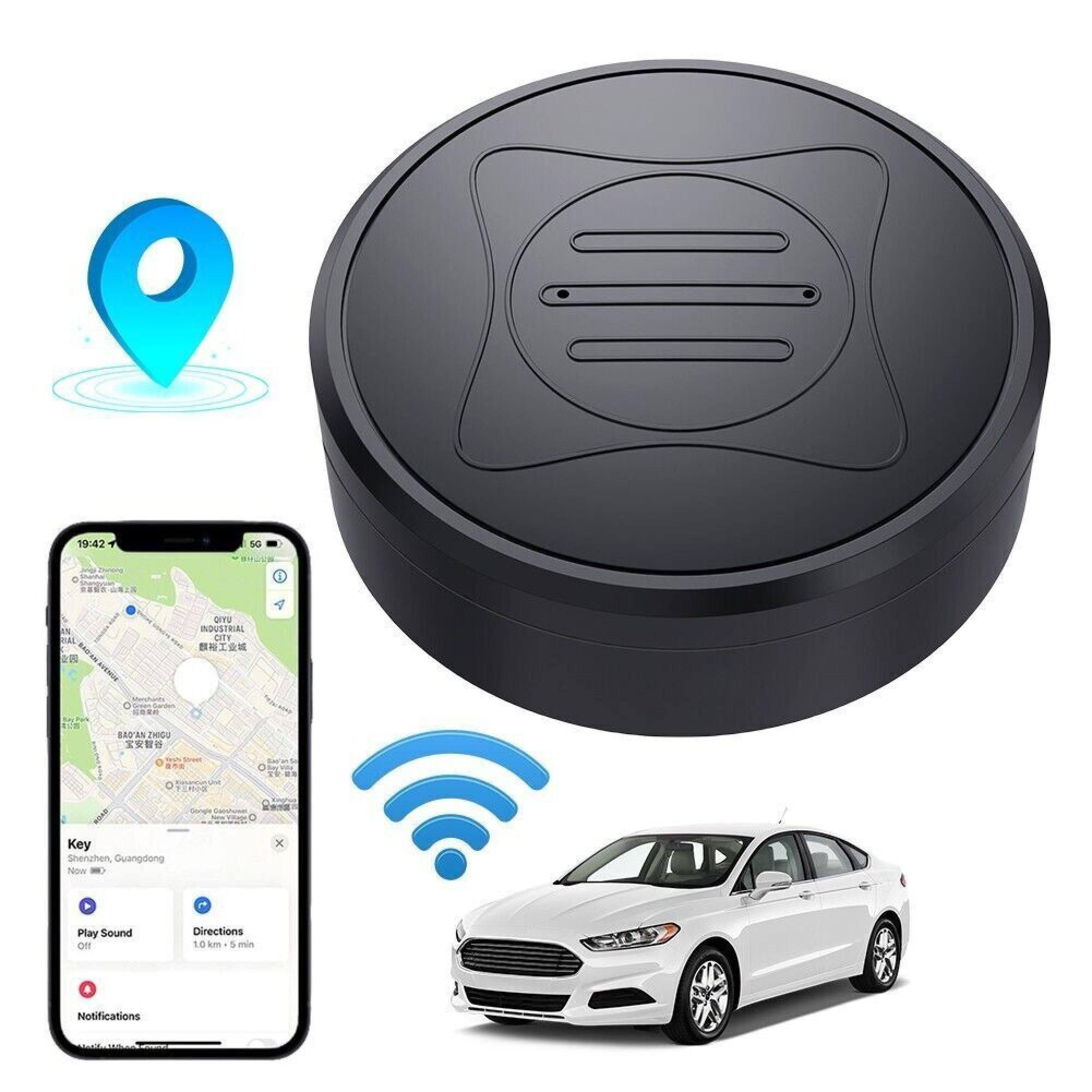 Schwarzer Tracker, Handy-Karte, weißes Auto und Standort-Symbol.