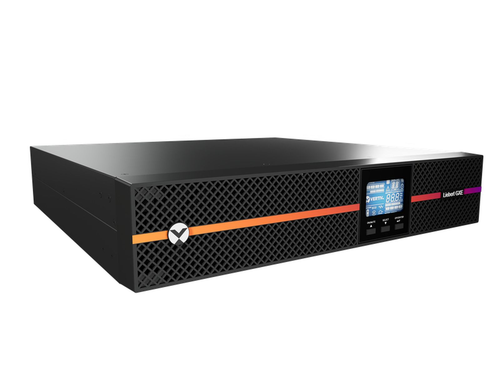 Ein schwarzes UPS-Gerät mit orangefarbenem Streifen und LCD-Display.