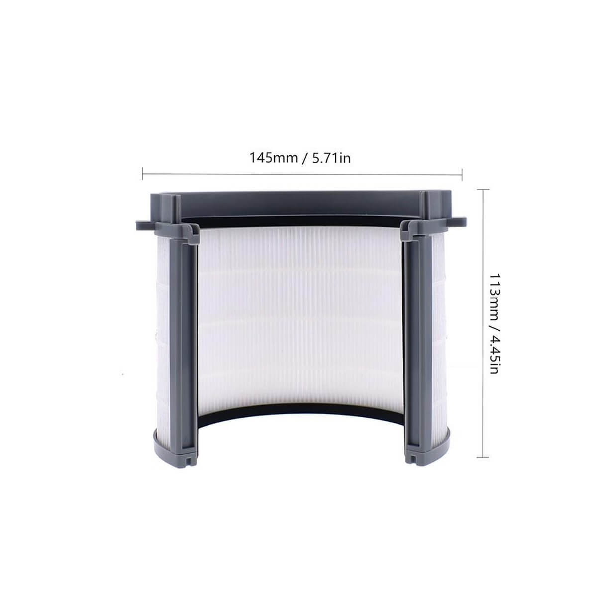 Ein weißer HEPA-Filter mit grauen Rahmen und Maßen 145mm x 113mm.