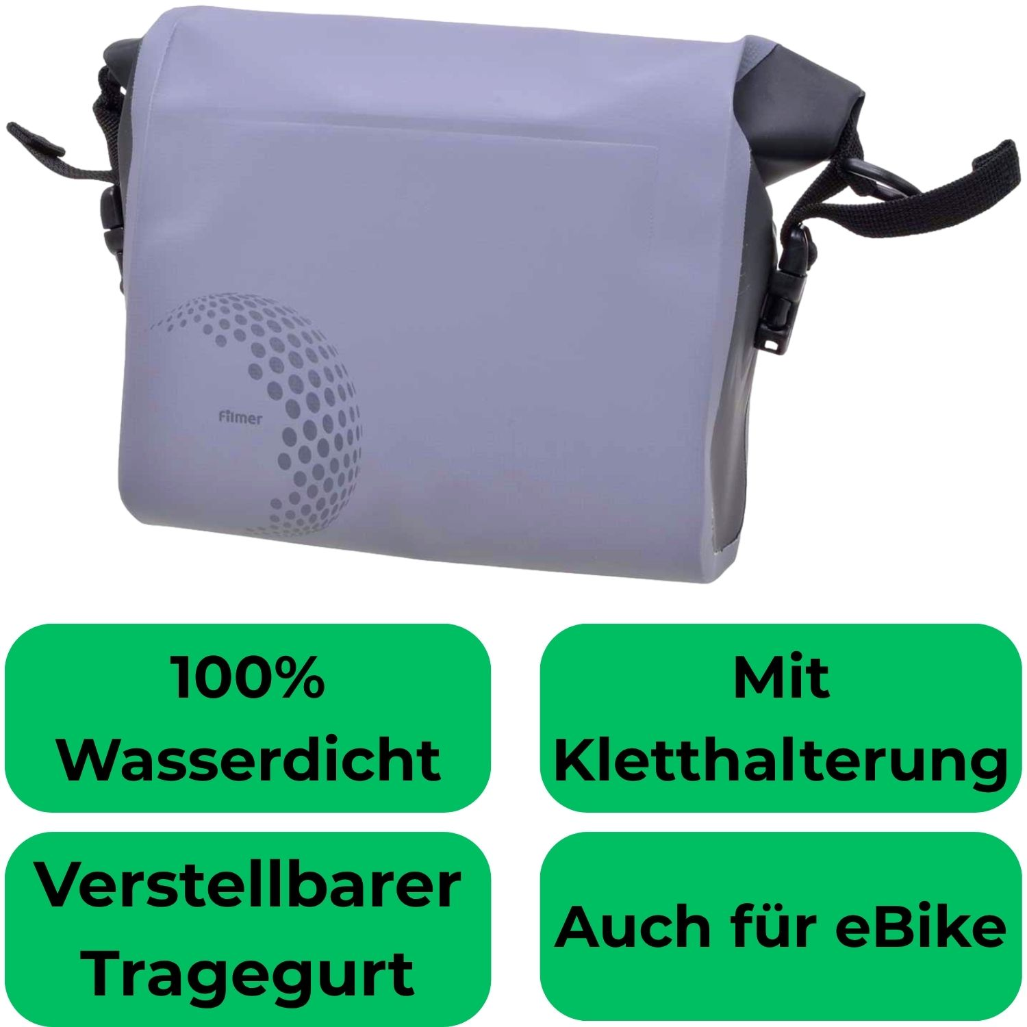 Graue wasserdichte Fahrradtasche mit "Filmer" Logo. Merkmale: 100% wasserdicht, verstellbarer Gurt, Klettbefestigung.