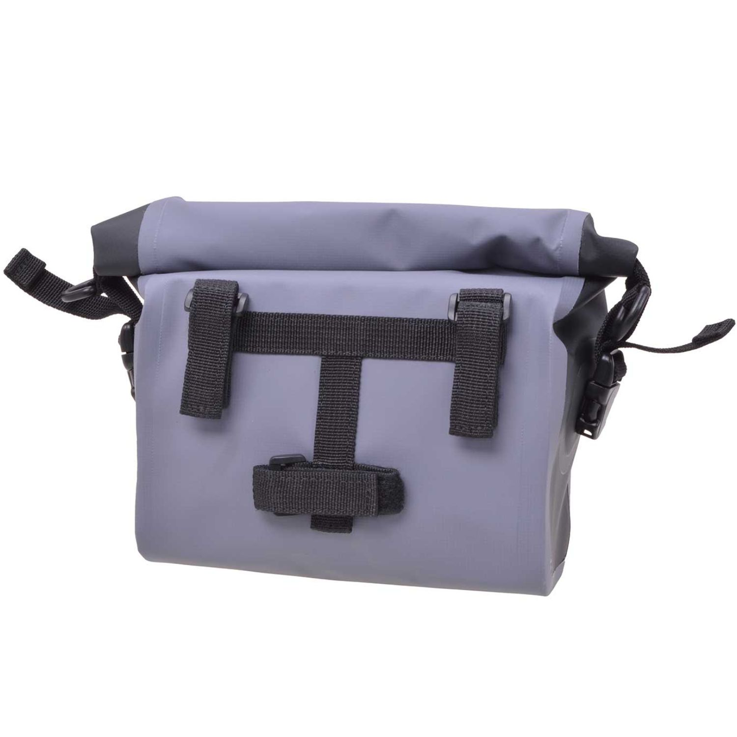 Graue wasserdichte Tasche mit schwarzen Riemen und Schnallen, auf weißem Hintergrund.