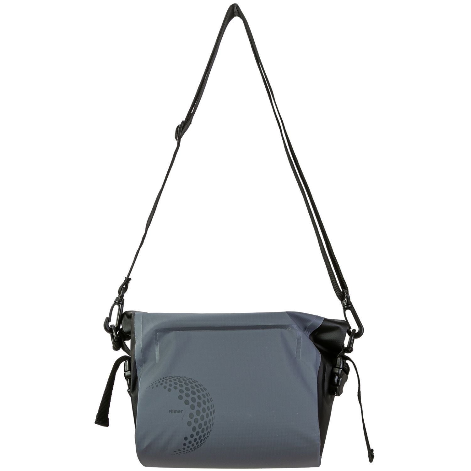 Graue wasserdichte Tasche mit schwarzem Gurt und Muster.