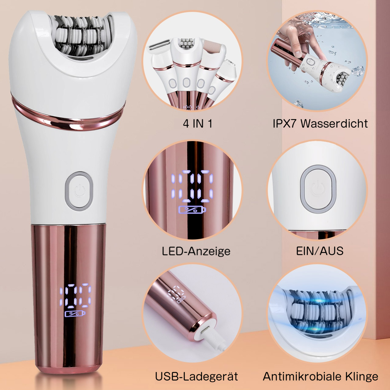 Ein weißer und roségoldener Epilierer mit LED-Anzeige und verschiedenen Aufsätzen.