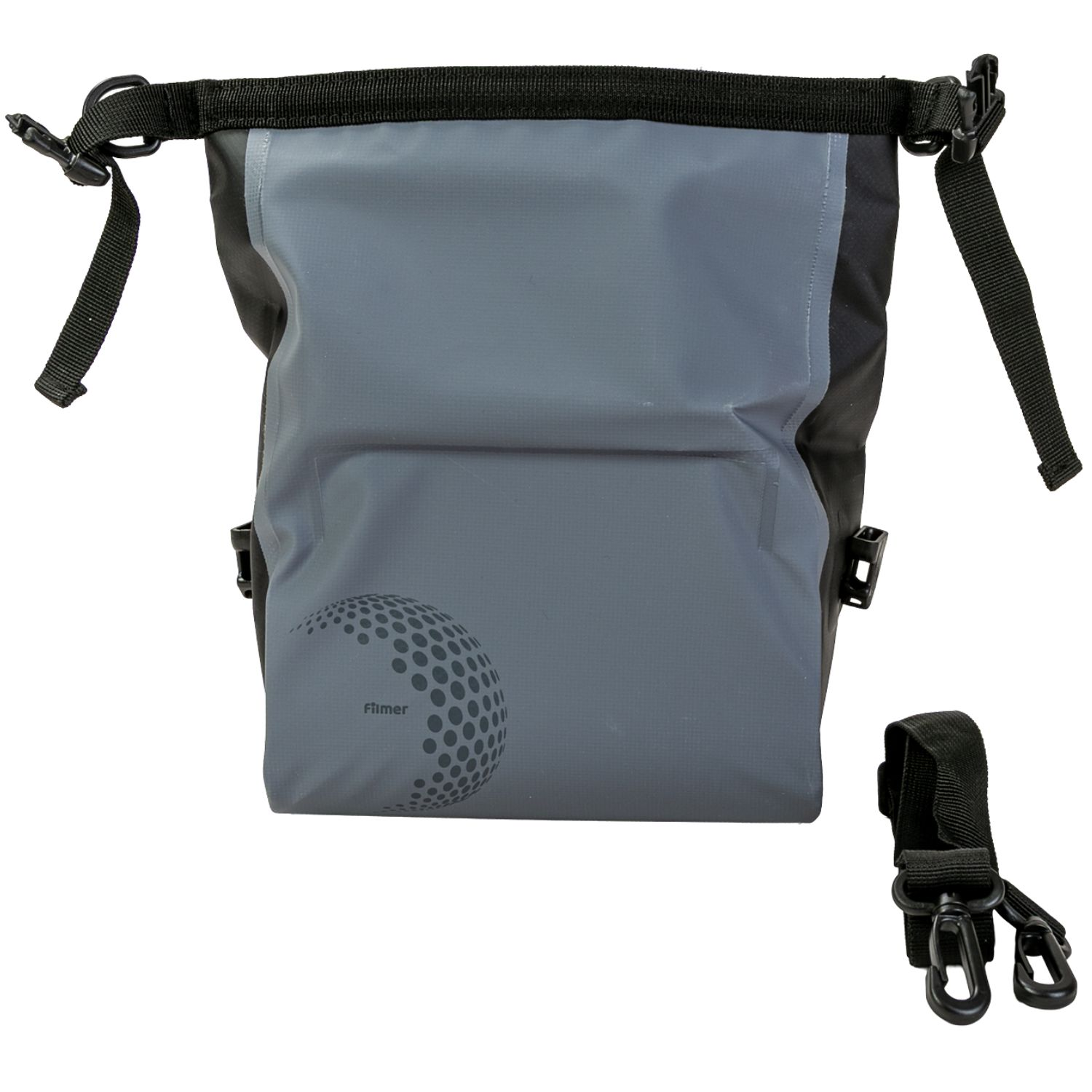 Graue und schwarze wasserdichte Tasche mit Schnallen und einem Tragegurt.