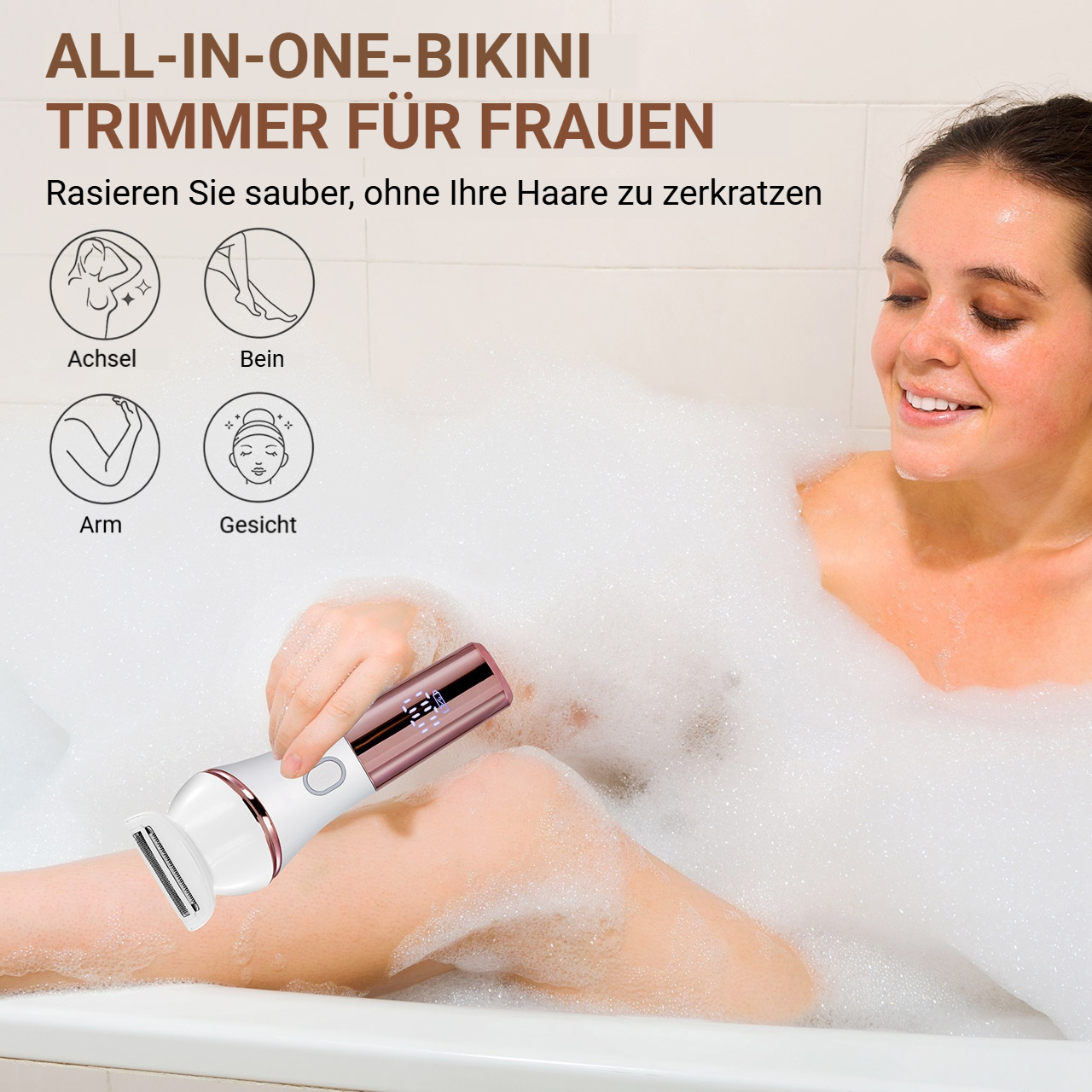 Frau in Badewanne mit Bikini-Trimmer. Icons zeigen Achsel, Bein, Arm, Gesicht.