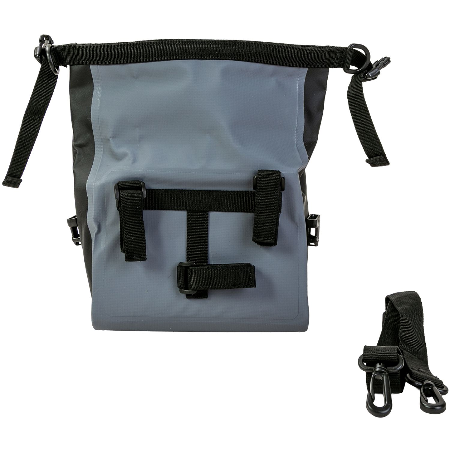 Eine graue und schwarze wasserdichte Trockentasche mit schwarzen Riemen und Clips. Ein separater Riemen mit Clips ist abgebildet.