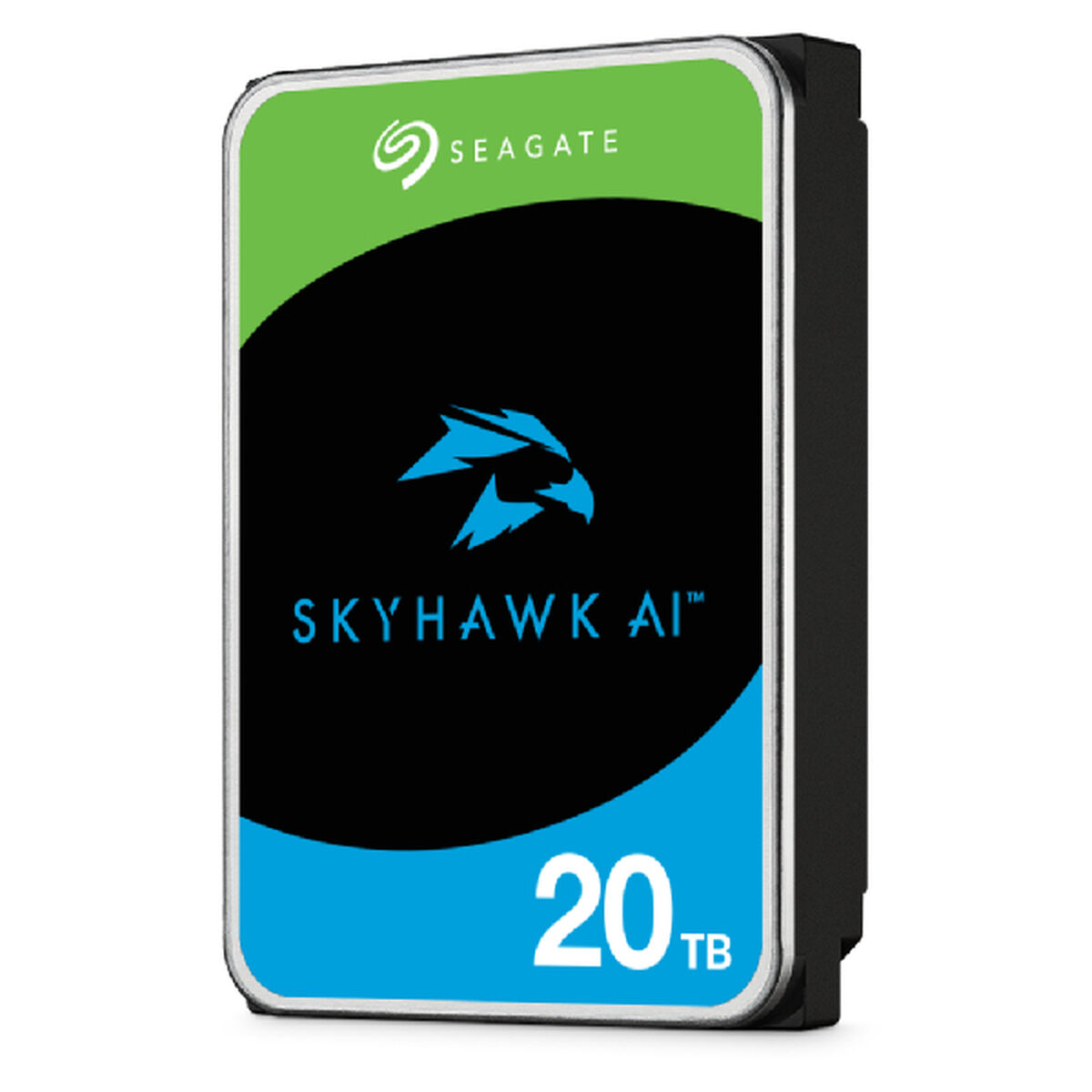 Seagate SkyHawk AI 20TB Festplatte in grün, schwarz und blau.