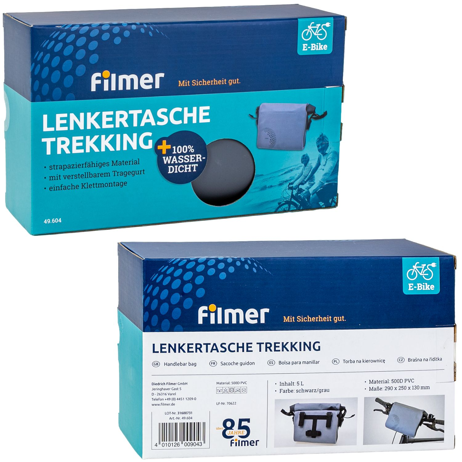 Zwei Filmer Lenkertaschen-Verpackungen mit E-Bike Logo. Eine zeigt eine Tasche und Radfahrer.