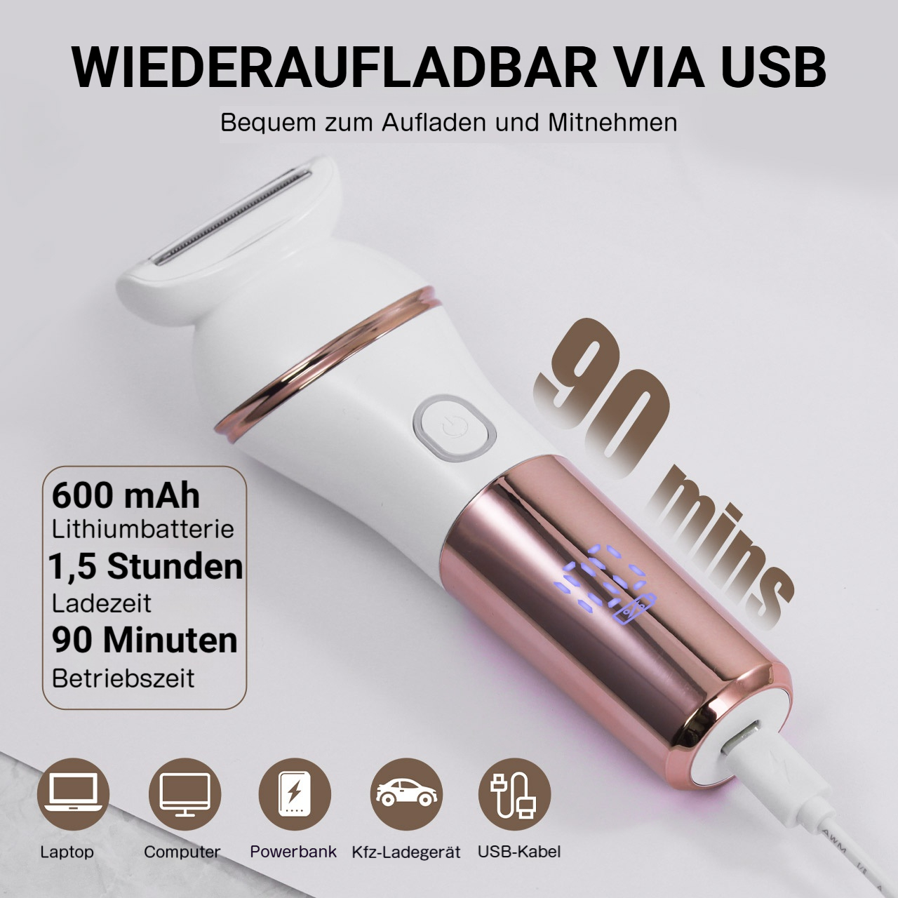 Ein weißer und roségoldener USB-Rasierer mit einer 600-mAh-Batterie und 90 Minuten Laufzeit.