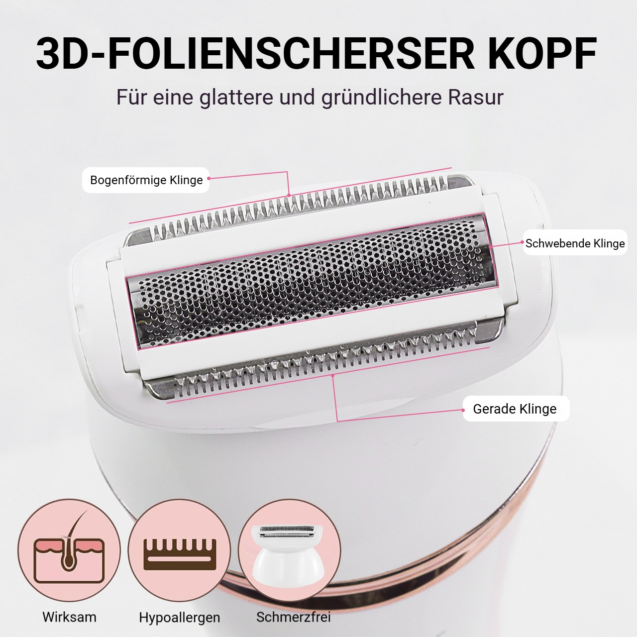 Detailaufnahme eines schwebenden Scher kopfs mit gebogenen und geraden Klingen für eine glatte Rasur.