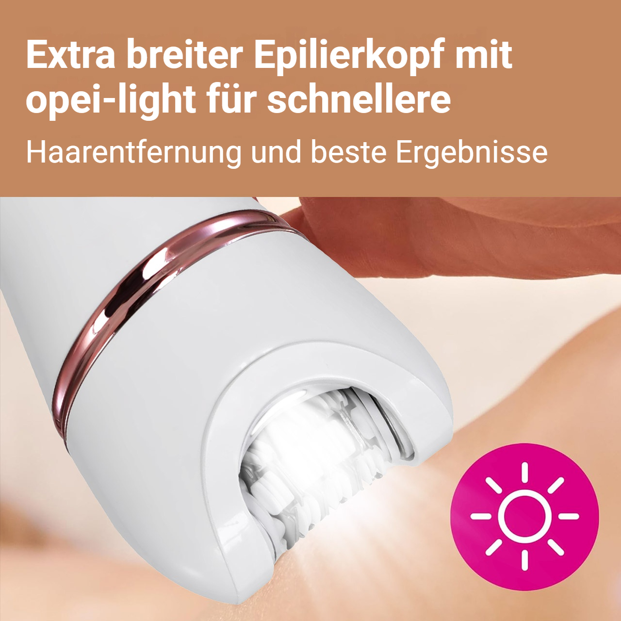 Ein weißer Epilierer mit Beleuchtung entfernt Haare auf einer Hautpartie. Ein Sonnen-Symbol.