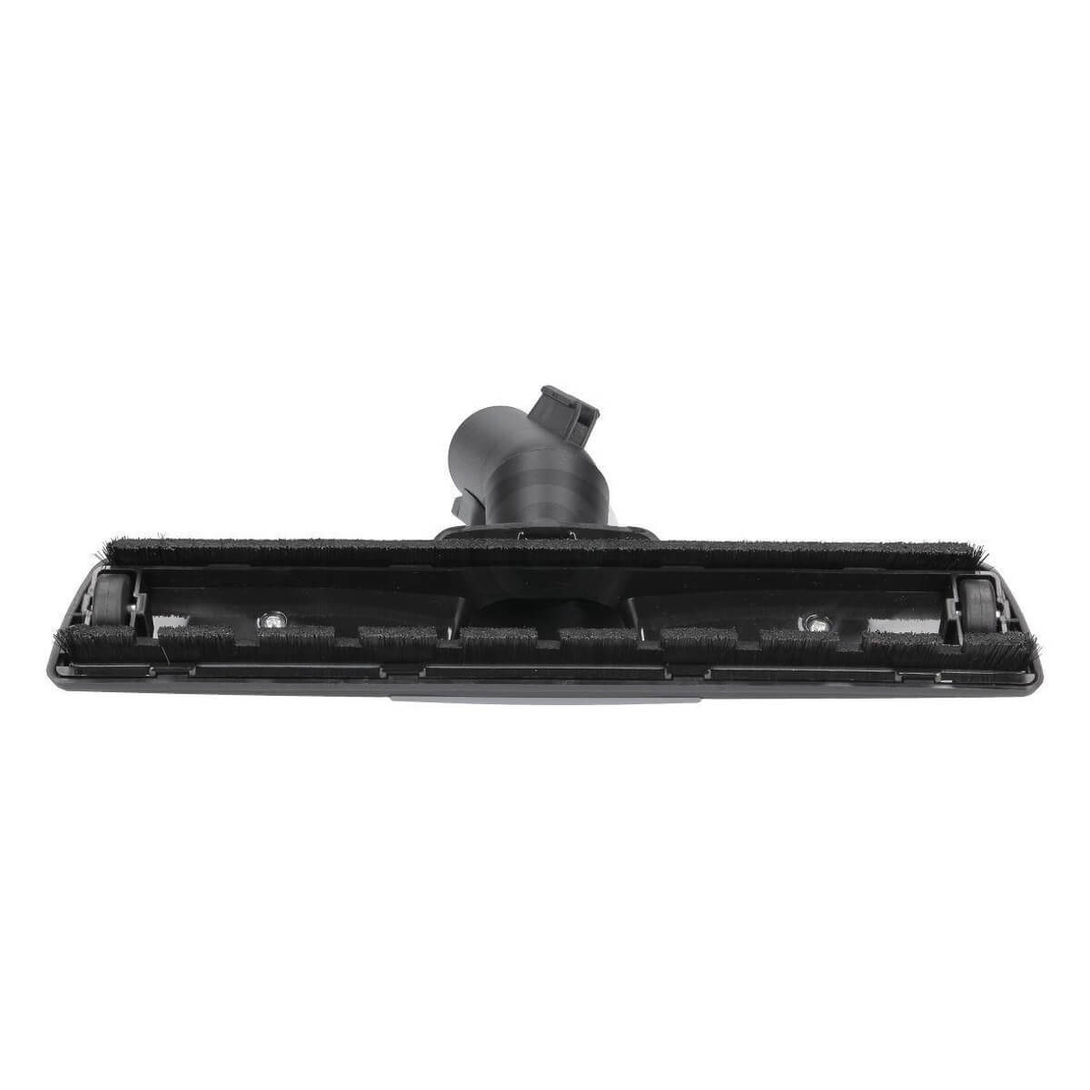 Schwarzer Staubsaugeraufsatz mit Bürsten und Rädern, zentraler Anschluss.