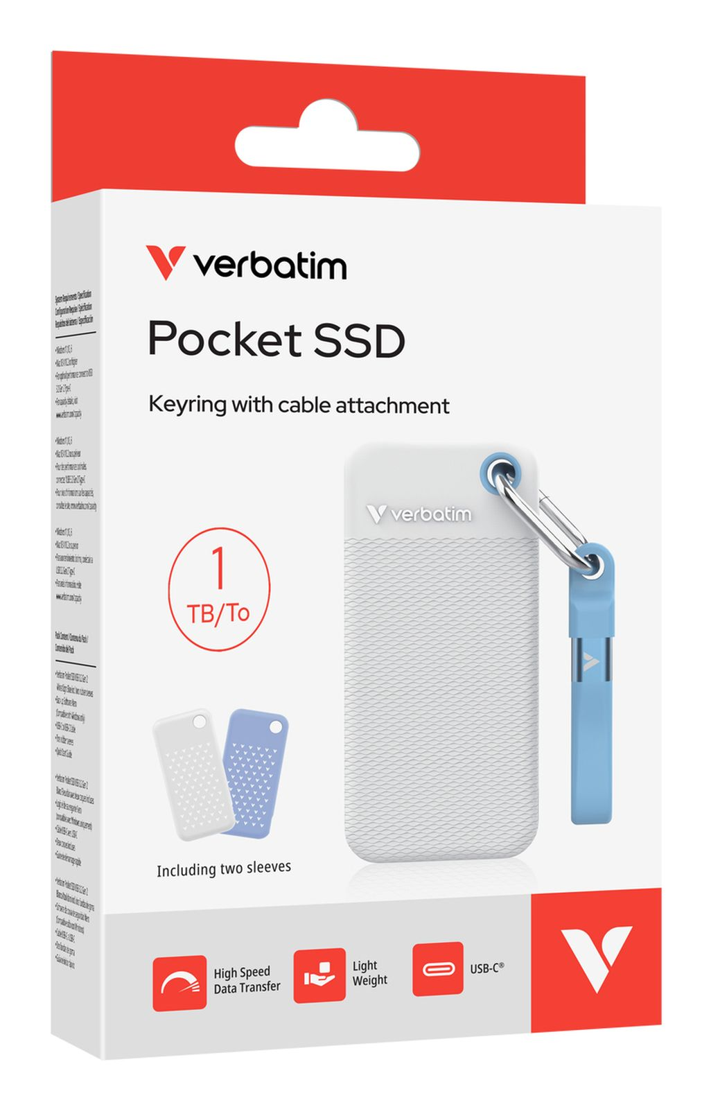 Verbatim Pocket SSD Verpackung mit SSD, 2 Hüllen, Schlüsselanhänger und Kabel.