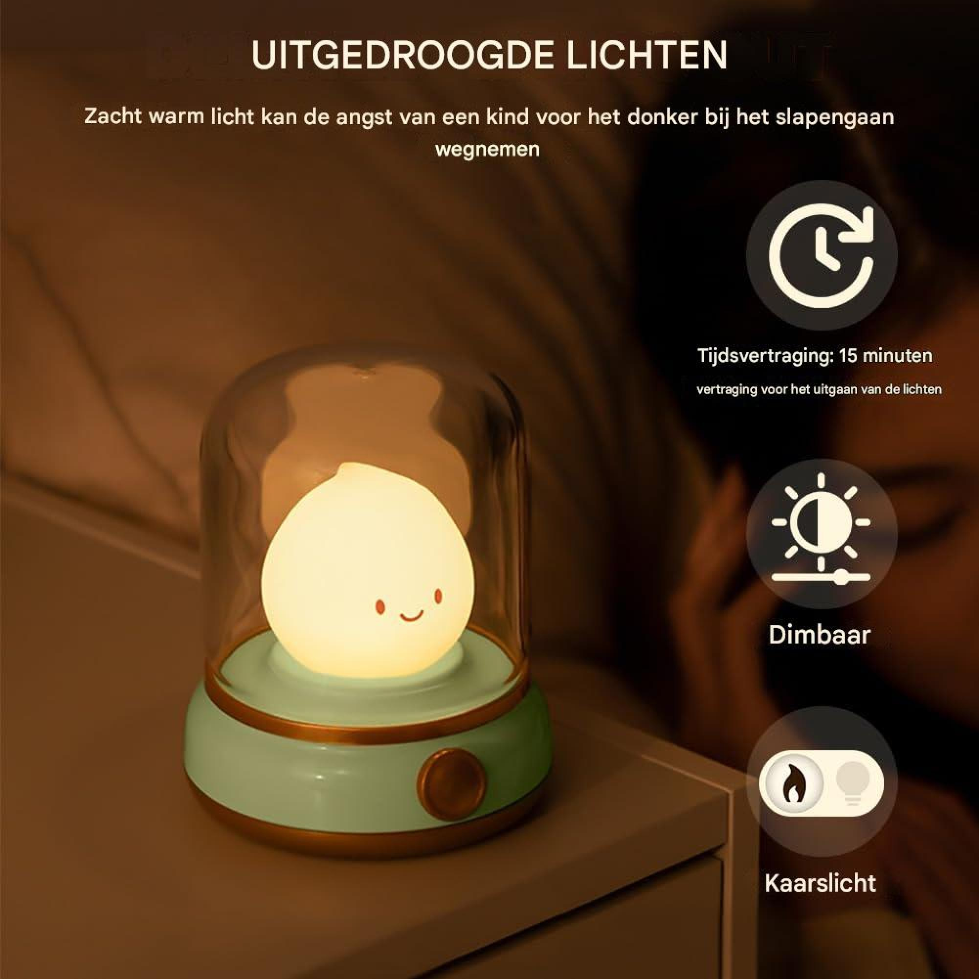 Niedliche Lampe mit Gesicht auf einem Nachttisch, mit Symbolen für Timer und Helligkeit.