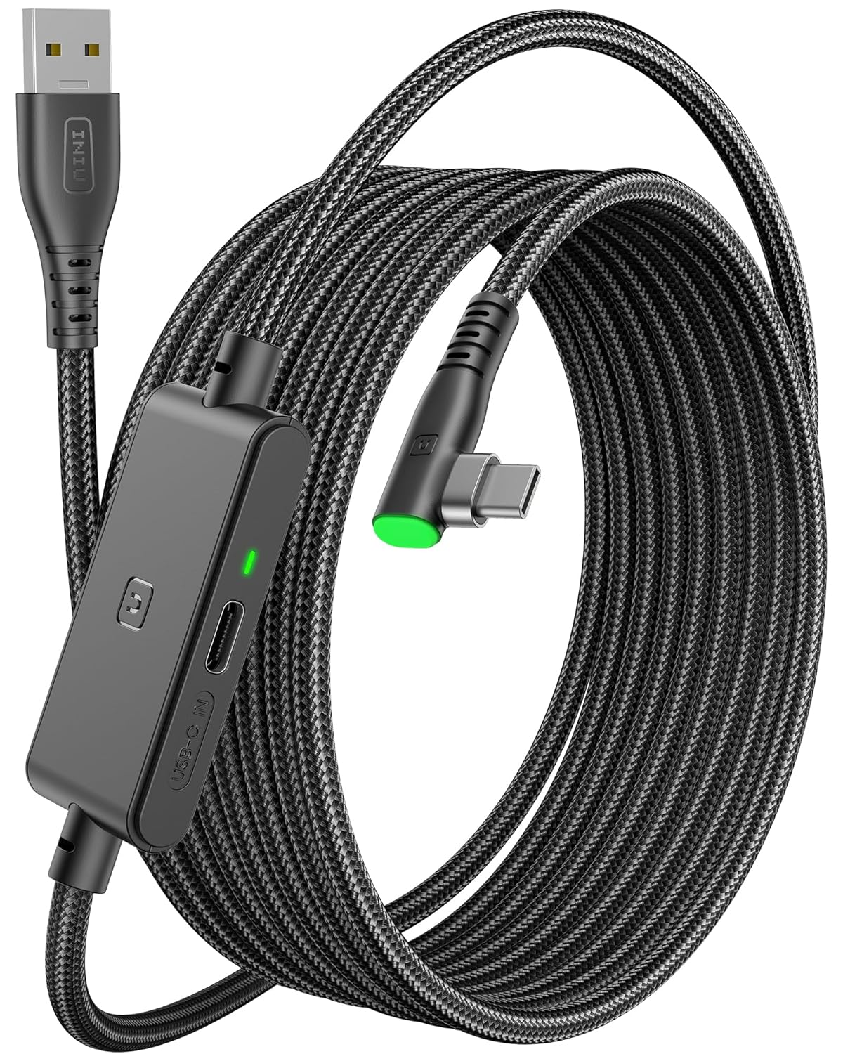 Schwarzes USB-C-Kabel mit Winkelstecker und schwarzem USB-A-Stecker.