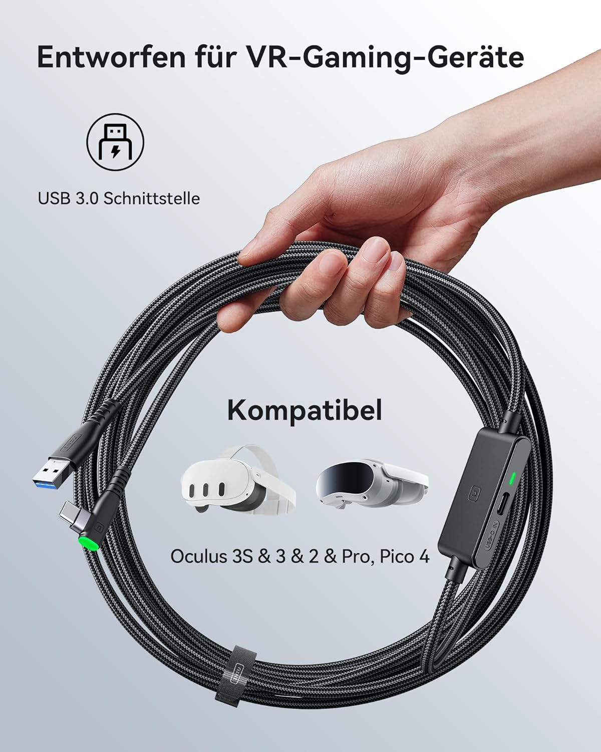 Ein schwarzes USB 3.0 Kabel für VR-Geräte wie Oculus und Pico.