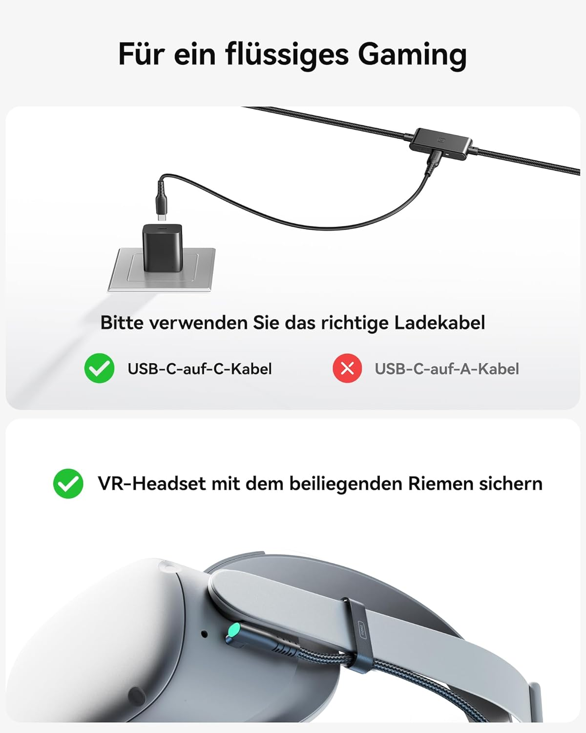 VR-Headset wird mit USB-C Kabel an Netzteil angeschlossen und mit Riemen gesichert.