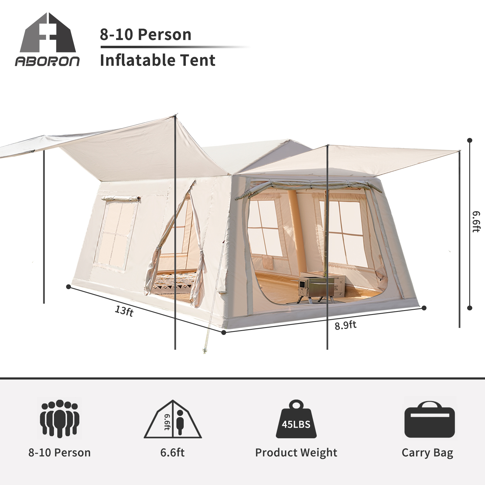 Ein aufblasbares Zelt für 8-10 Personen mit Maßen von 13x8,9x6,6 Fuß.