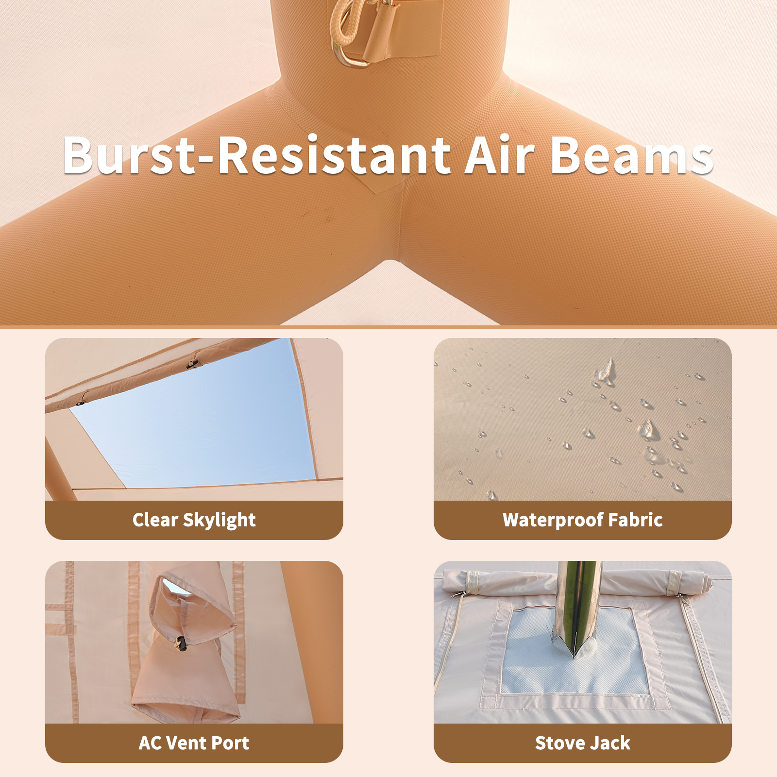 Ein Zelt mit aufblasbaren Trägern, Dachfenster, wasserdichtem Stoff, AC-Belüftung und Ofenanschluss.