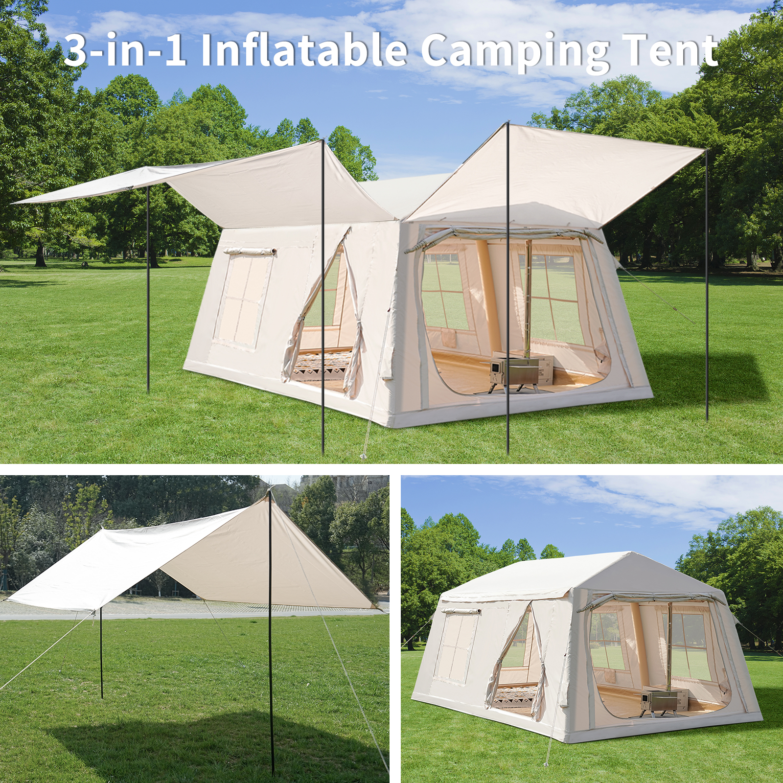 Beige aufblasbares 3-in-1-Campingzelt mit Sonnensegeln, auf grünem Gras.