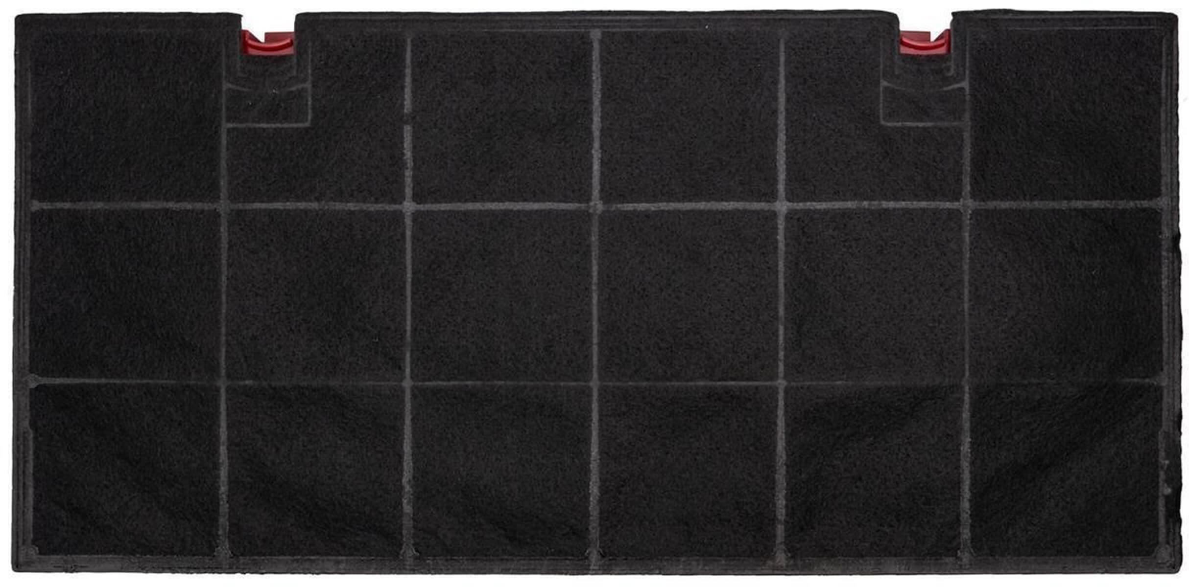 Un filtre à charbon actif noir avec un support rouge en haut.