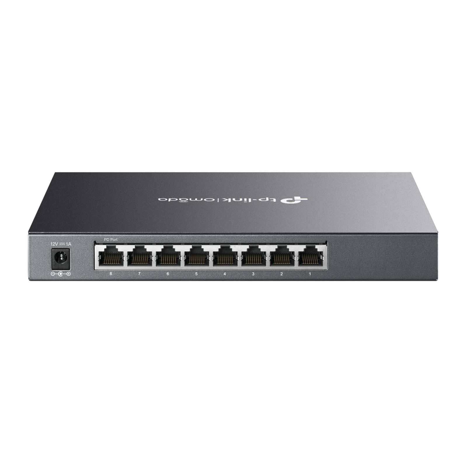 Grauer TP-Link Omada 8-Port Netzwerkswitch mit RJ45-Anschlüssen.
