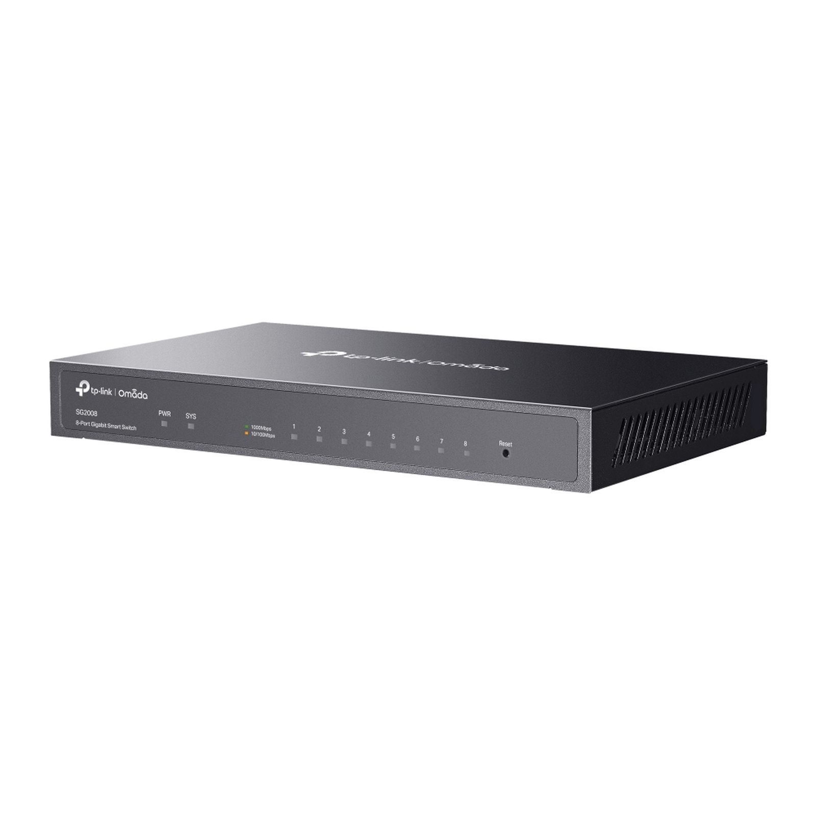 Ein grauer TP-Link Omada SG2008 8-Port Gigabit Smart Switch mit Lämpchen.