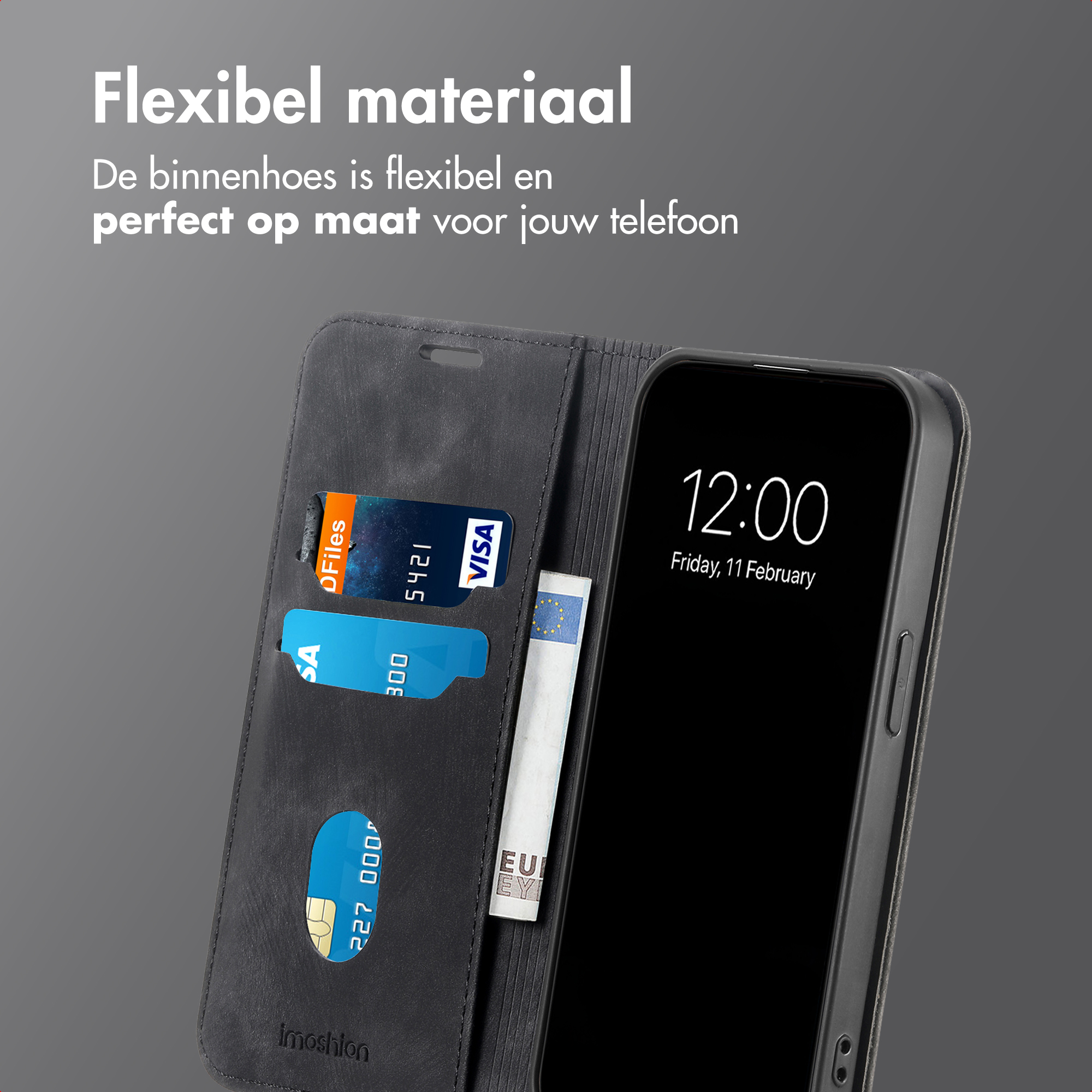 Étui de téléphone noir avec fentes pour cartes, argent et un iPhone affichant 12:00.
