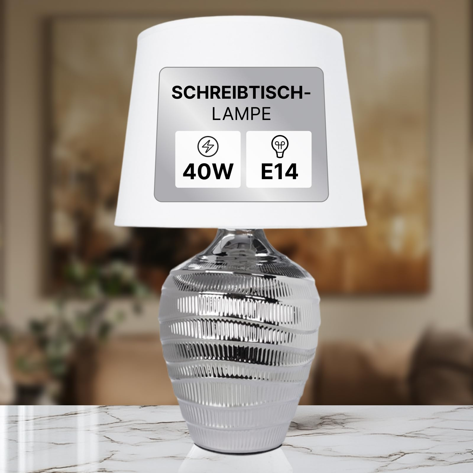 Eine silberne Schreibtischlampe mit weißem Schirm, 40W, E14.