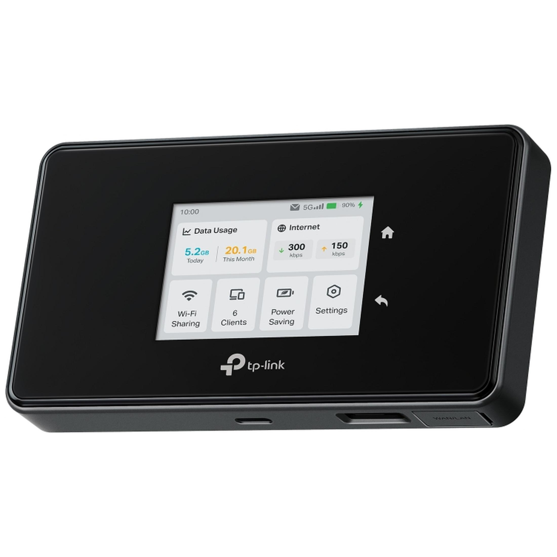 Ein schwarzer TP-Link LTE-Router mit Touchscreen zeigt Datenverbrauch, Internetgeschwindigkeit und Einstellungen.
