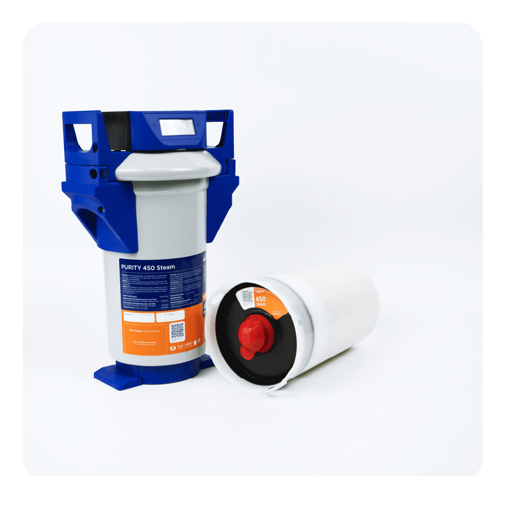 Un alloggiamento del filtro dell'acqua con supporto blu e un filtro bianco su sfondo bianco.
