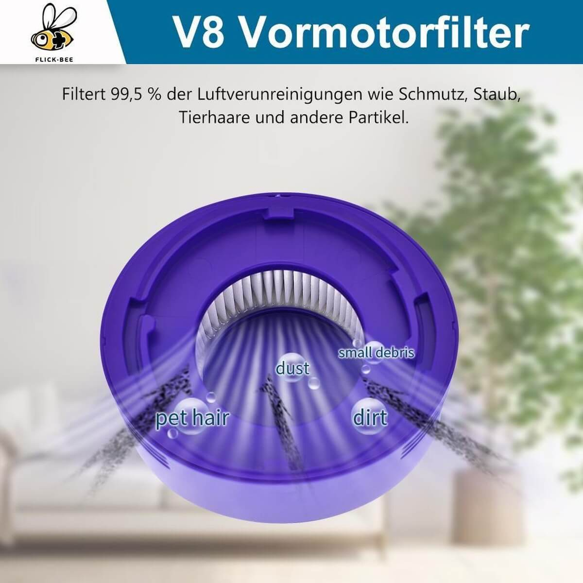 Ein violetter Vormotorfilter mit Staub, Schmutz und Tierhaaren.