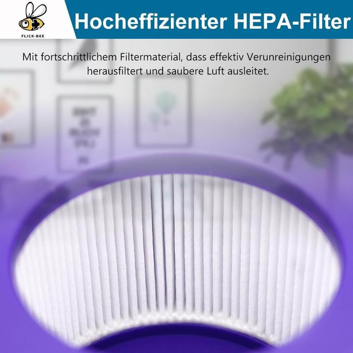 Ein weißer HEPA-Filter mit Falten vor einem lila Hintergrund.