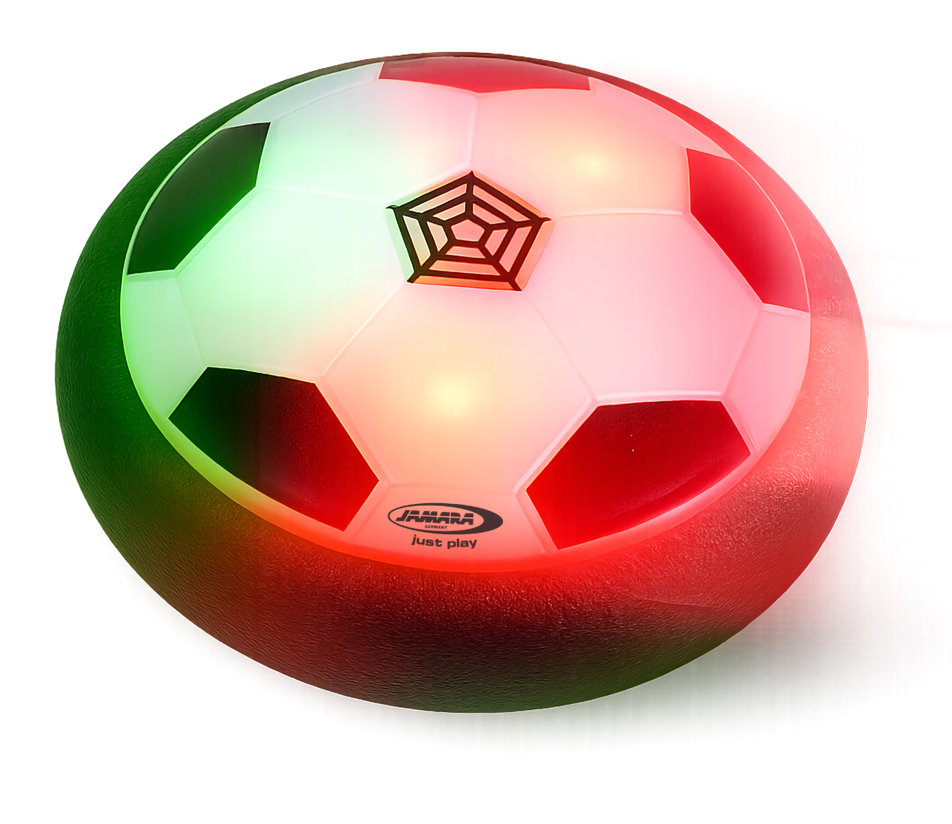 Ein leuchtender Fußball mit grünen, weißen und roten Flächen auf einem weißen Hintergrund.