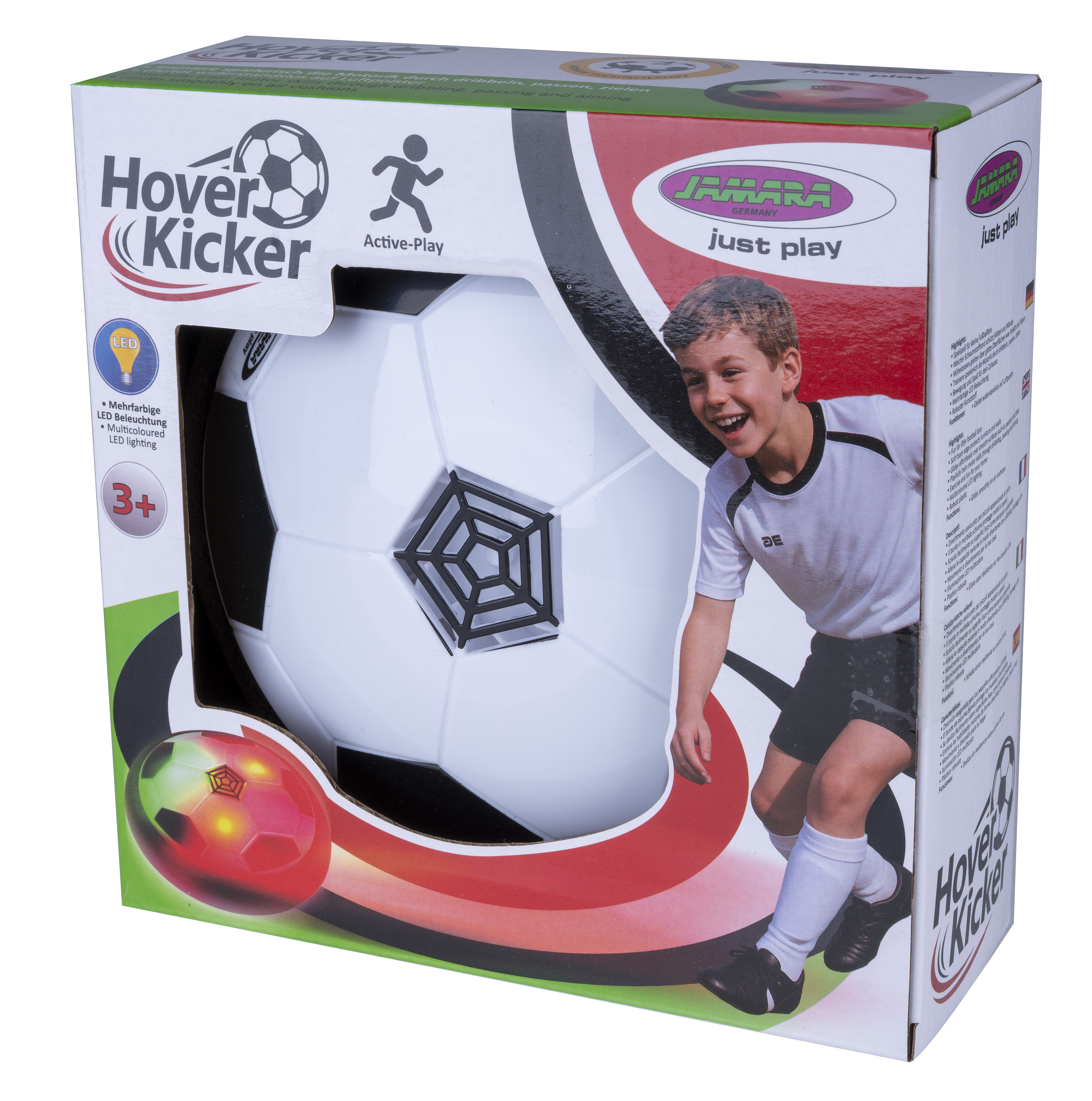 Verpackung für einen Hover Kicker mit einem Jungen und einem Fußball.