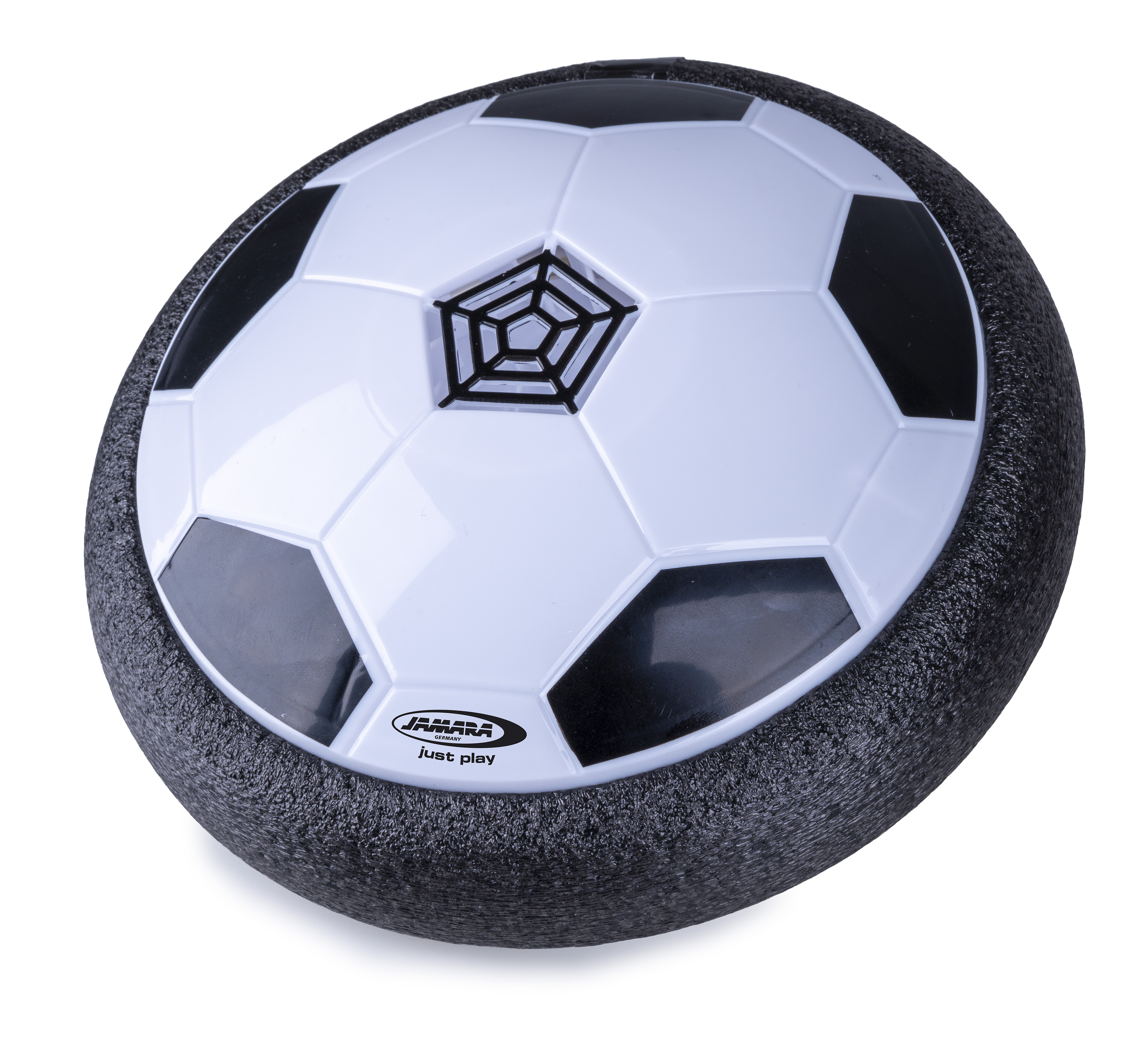 Ein weißer Fußball mit schwarzen Einsätzen und einem schwarzen Schaumstoffrand.